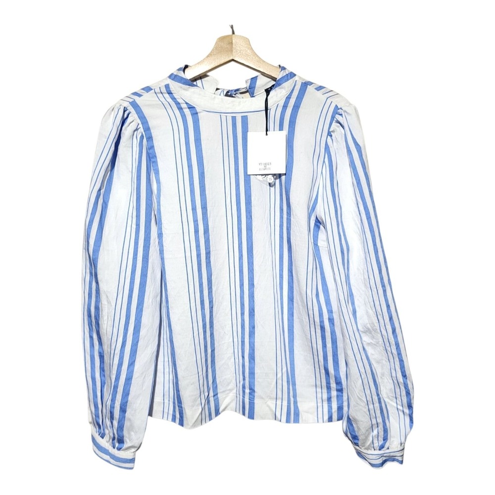 Very J Sz M New Blue‎ & White Stripe Tencel Blouse With Tie-Back & Pop Sleeves
